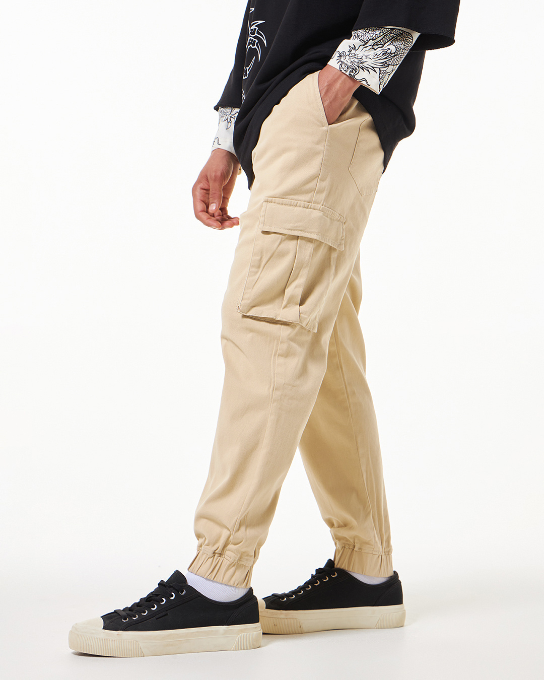 Shop Men's Beige Oversized Cargo Jogger Pants-Back