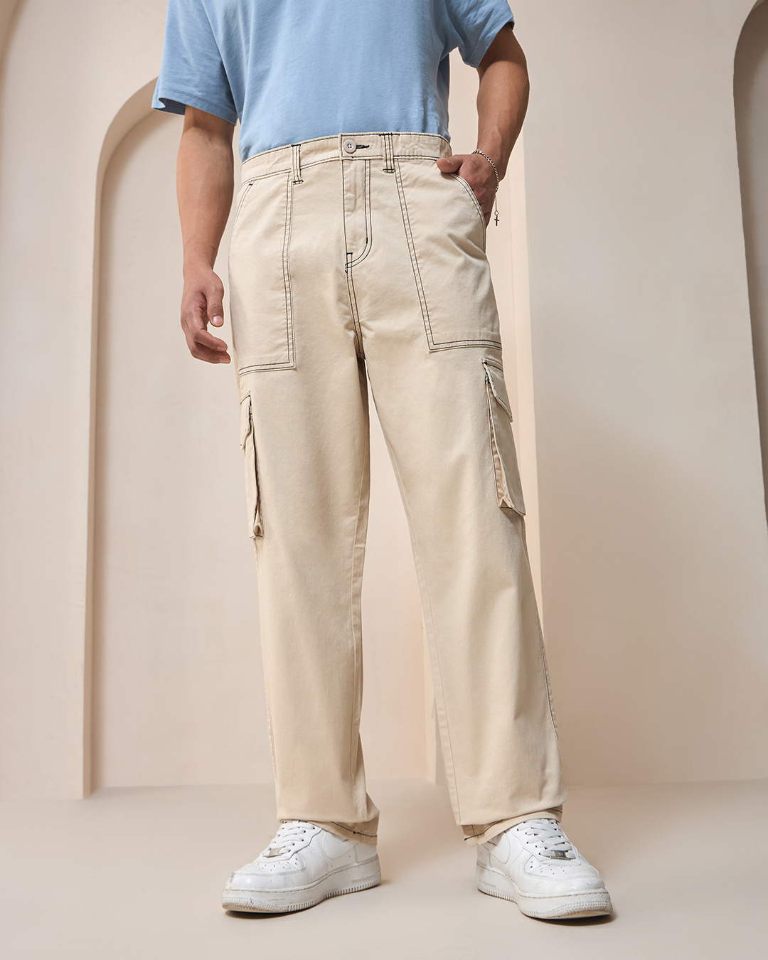 Shop Men's Beige Oversized Cargo Pants-Back