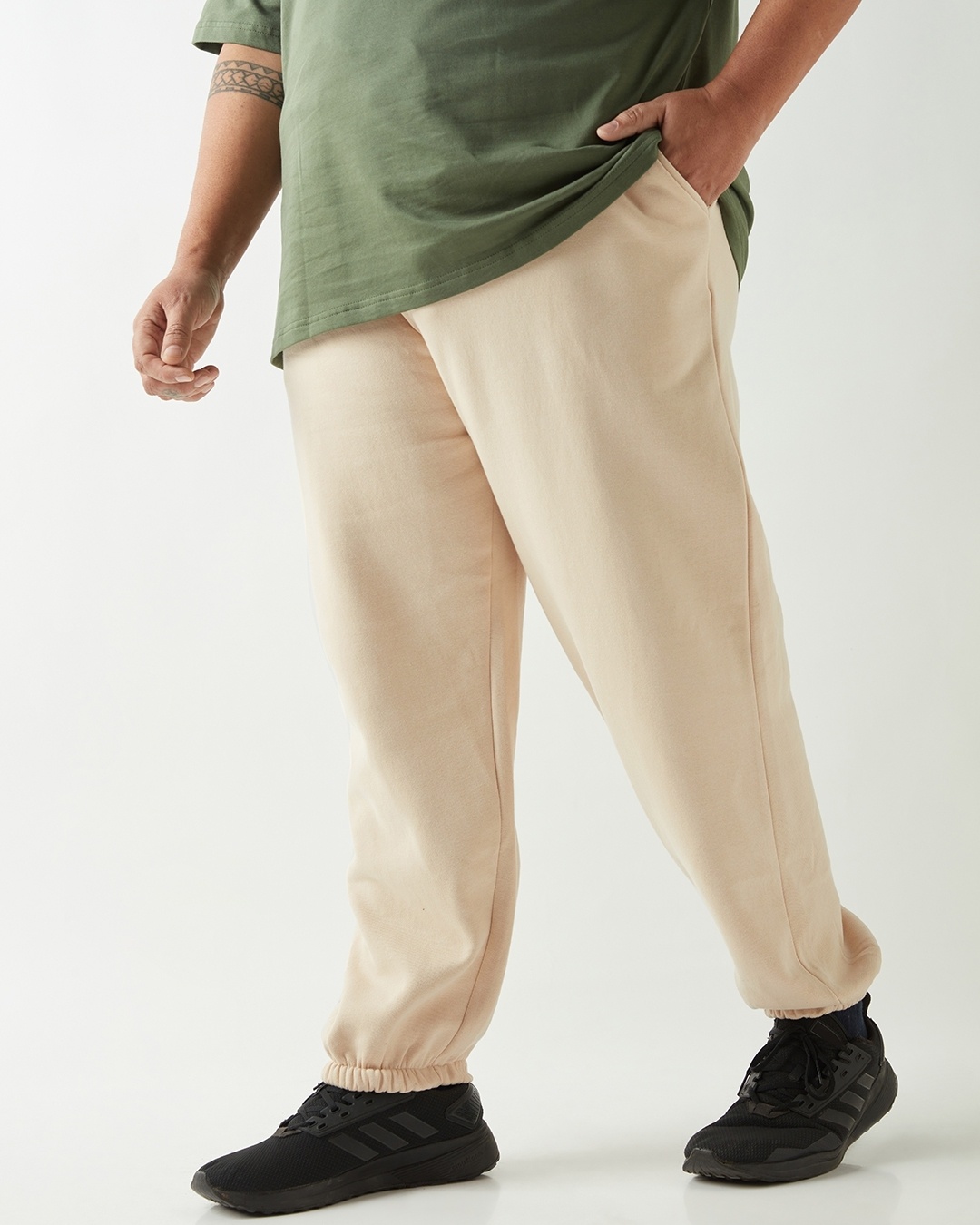 Shop Men's Beige Oversized Plus Size Brushed Joggers-Back
