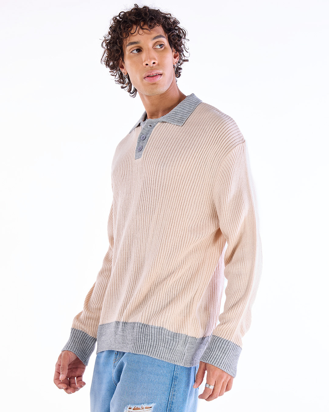 Shop Men's Beige Oversized Textured Sweater-Back