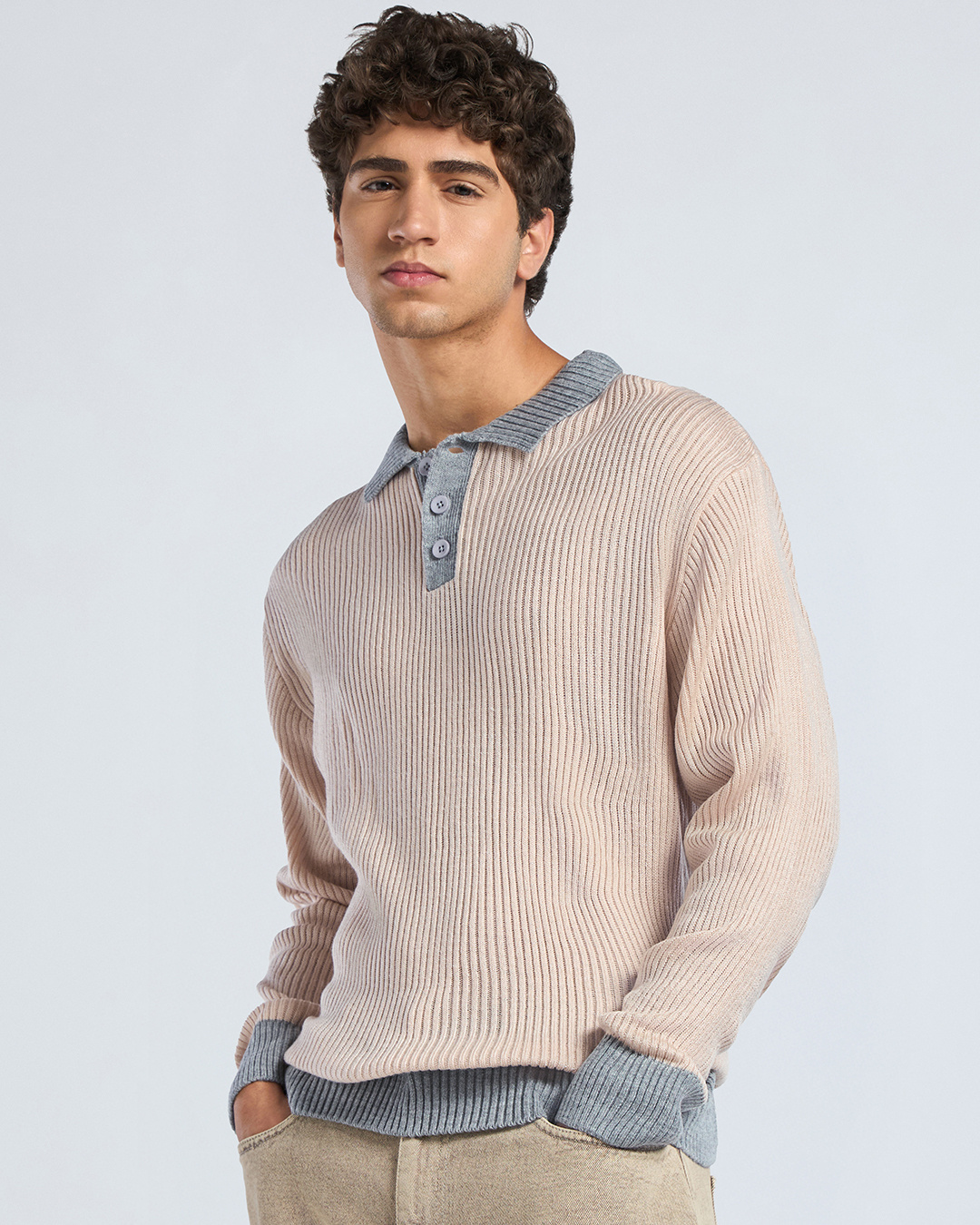 Shop Men's Beige Oversized Textured Sweater-Back