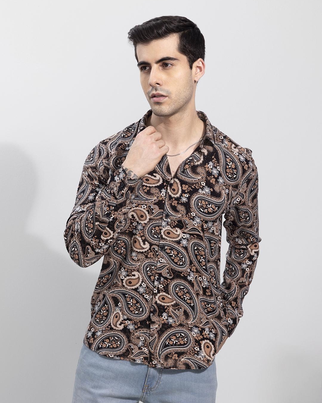 Buy Men's Black and Beige Paisley Printed Slim Fit Shirt for Men Beige ...