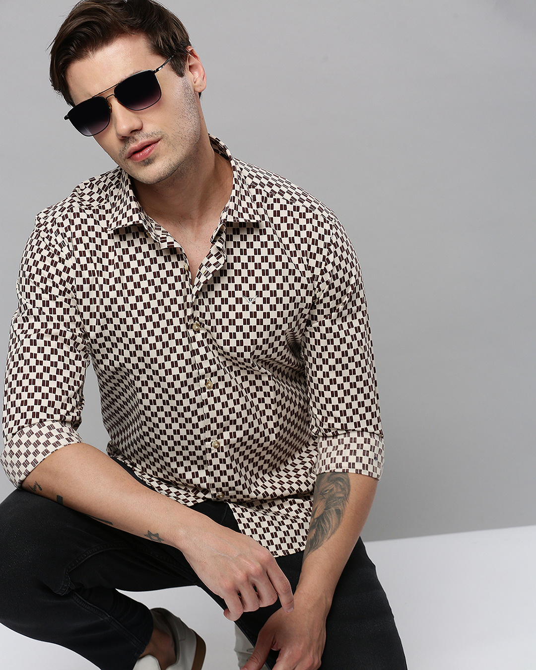 Men's Beige Comfort Slim Fit Floral Printed Casual Shirt