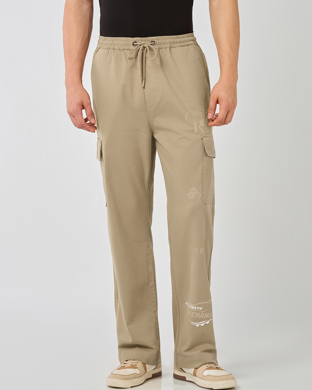 Shop Men's Beige Printed Straight Fit Cargo Pants-Back