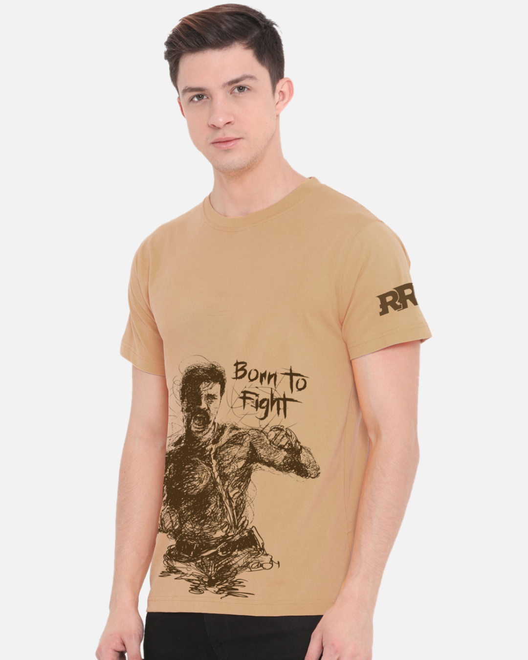 Shop Men's Beige "RRR Born to Fight" Cotton T-shirt-Back