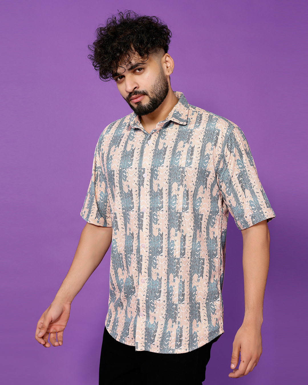 Shop Men's Beige & Sea Green Corduroy All Over Printed Relaxed Fit Shirt-Back