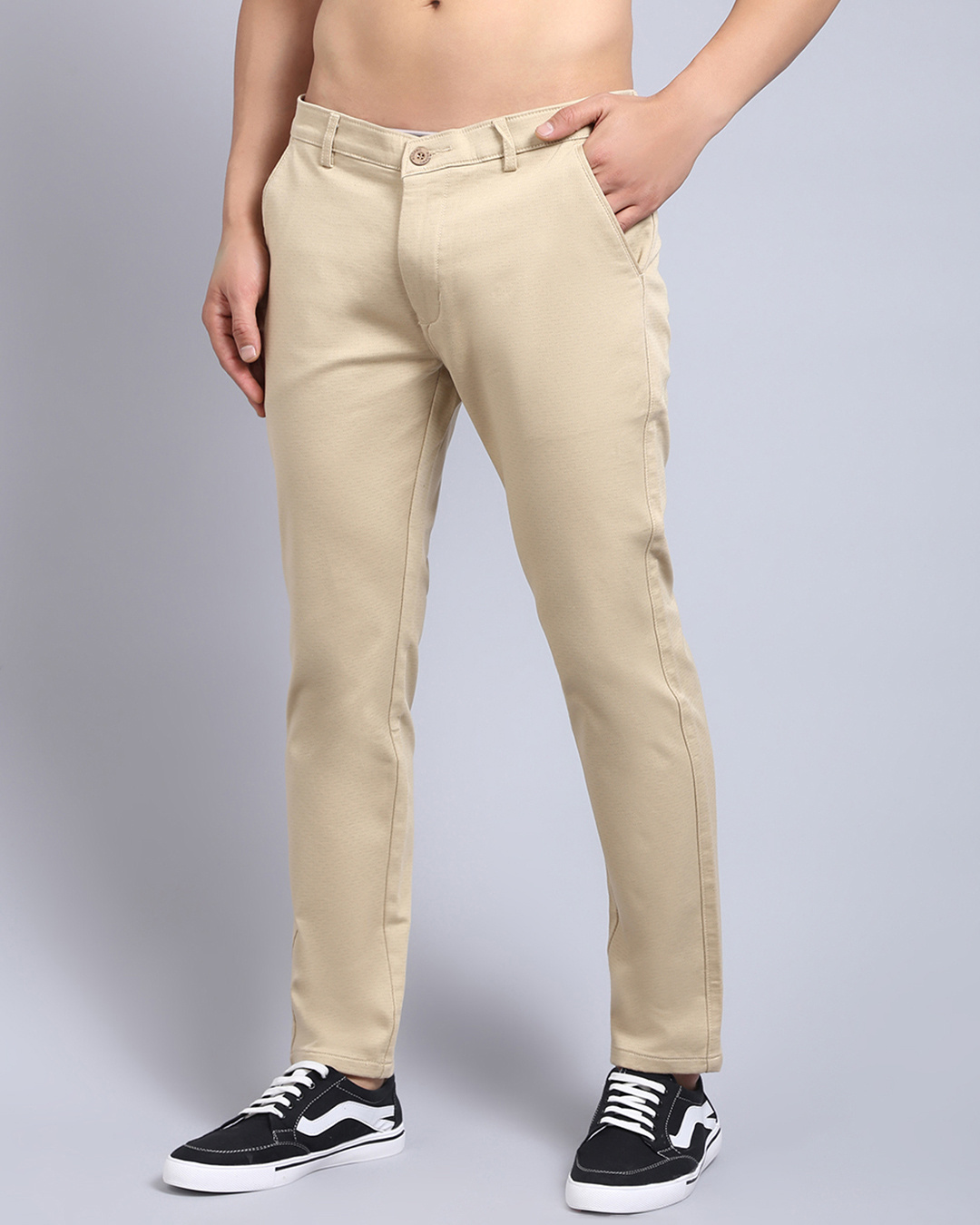 Shop Men's Beige Self Designed Slim Fit Trousers-Back