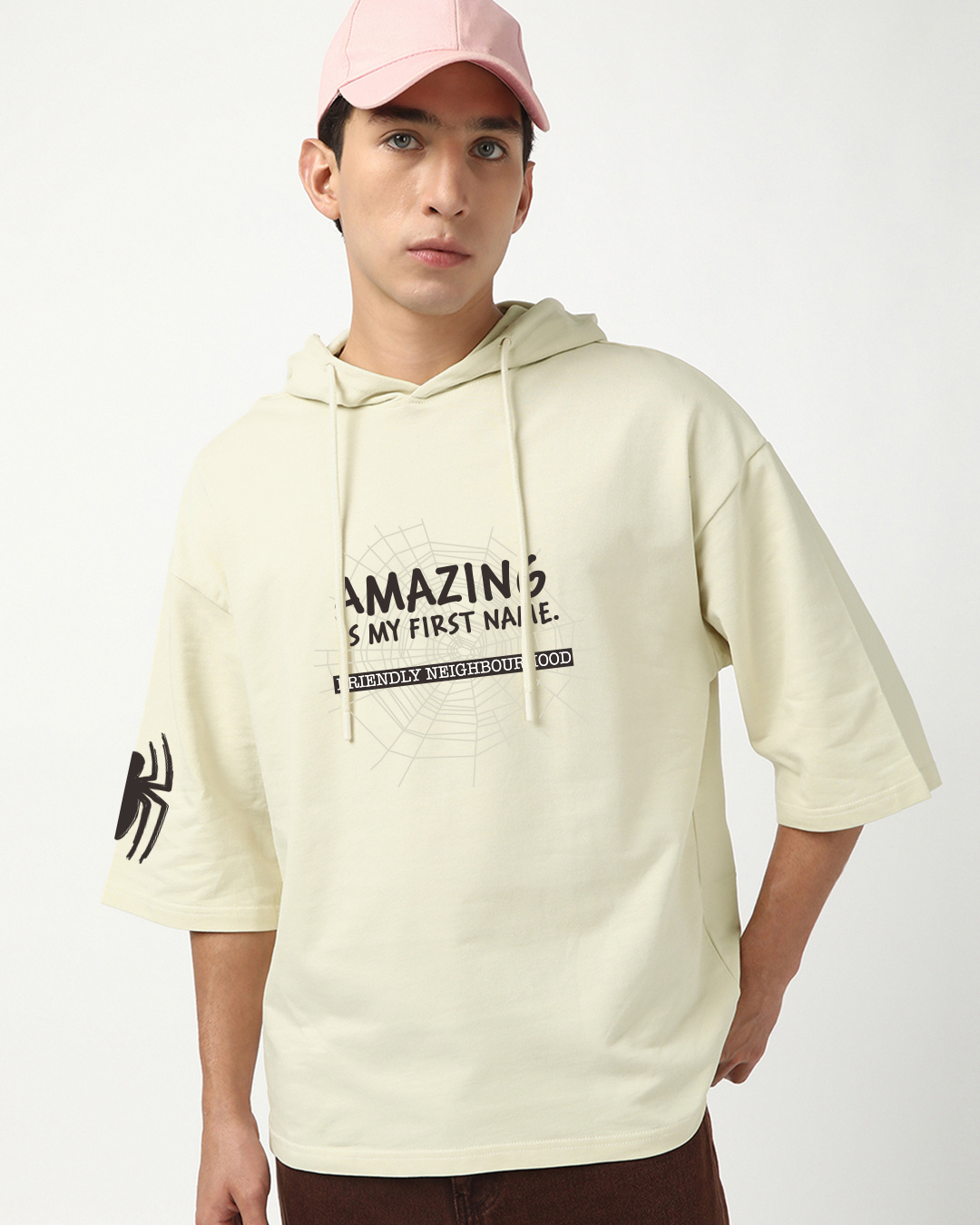 Shop Men's Beige Spiderman Graphic Printed Oversized Hoodie T-shirt-Back