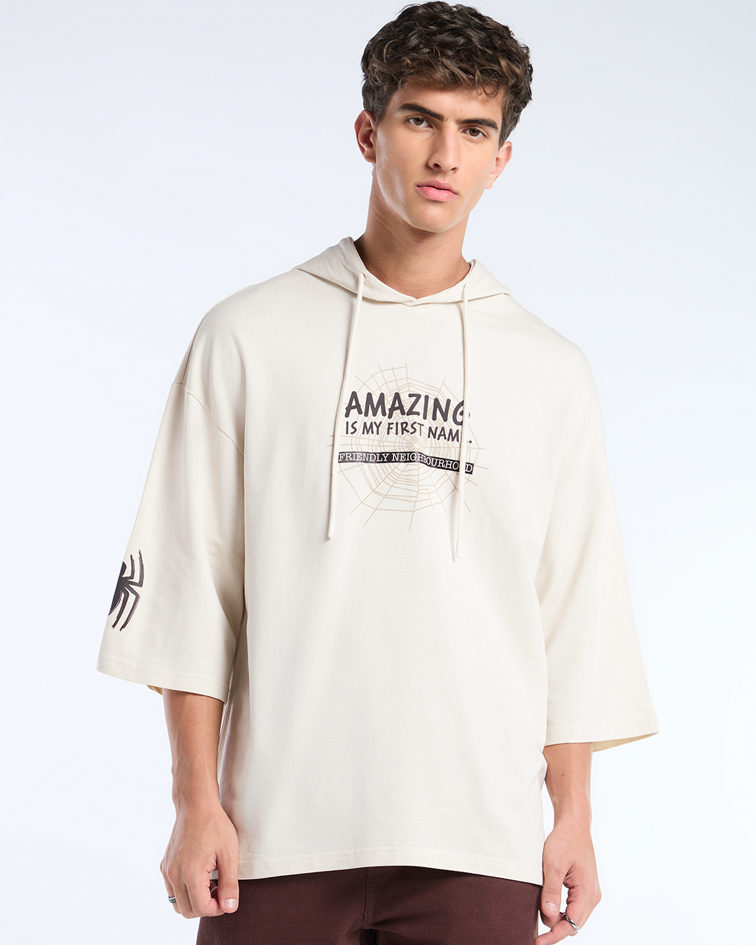 Shop Men's Beige Spiderman Graphic Printed Oversized Hoodie T-shirt-Back