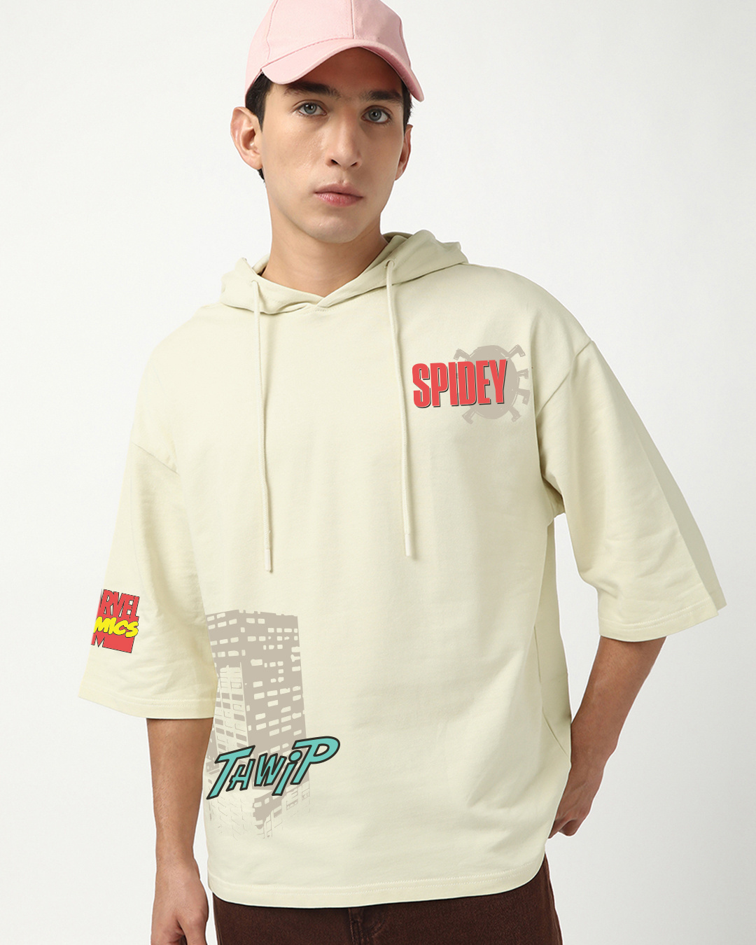 Shop Men's Beige Spidey Graphic Printed Oversized Hoodie T-shirt-Back