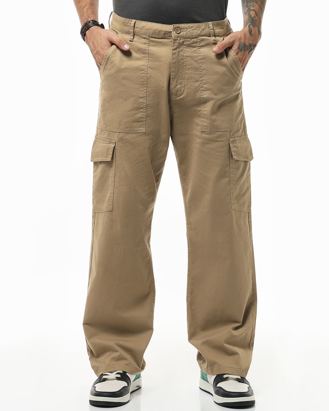 Shop Men's Beige Straight Fit Cargo Pants-Back