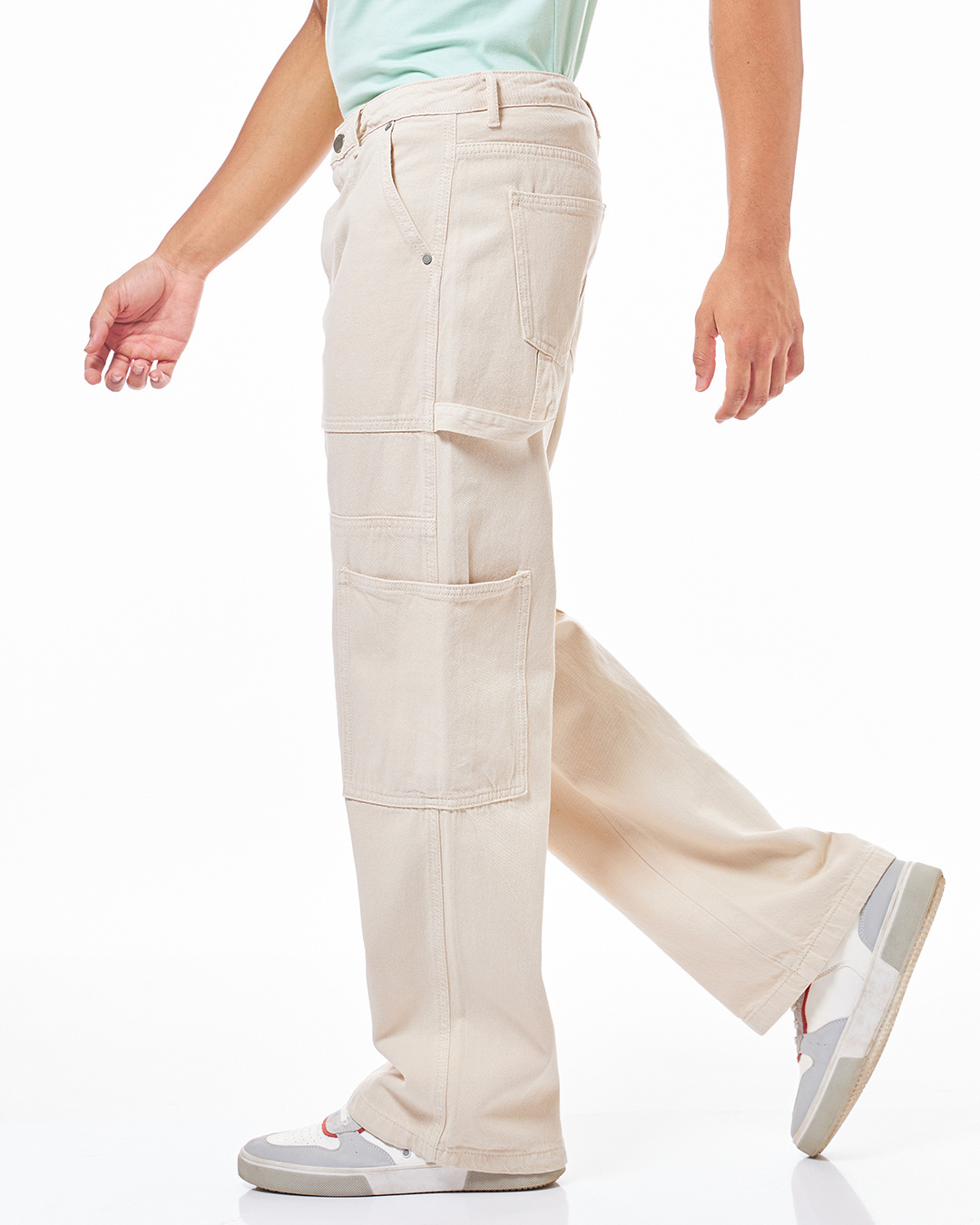 Shop Men's Beige Straight Fit Cargo Carpenter Jeans-Back