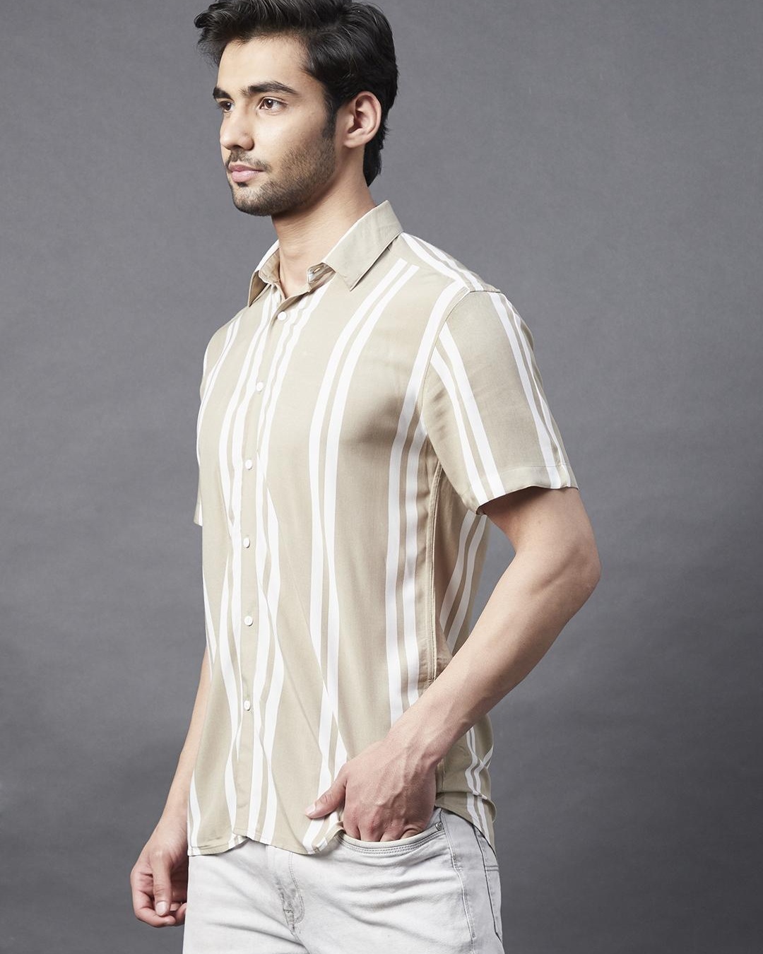 Shop Men's Beige Striped Slim Fit Shirt-Back