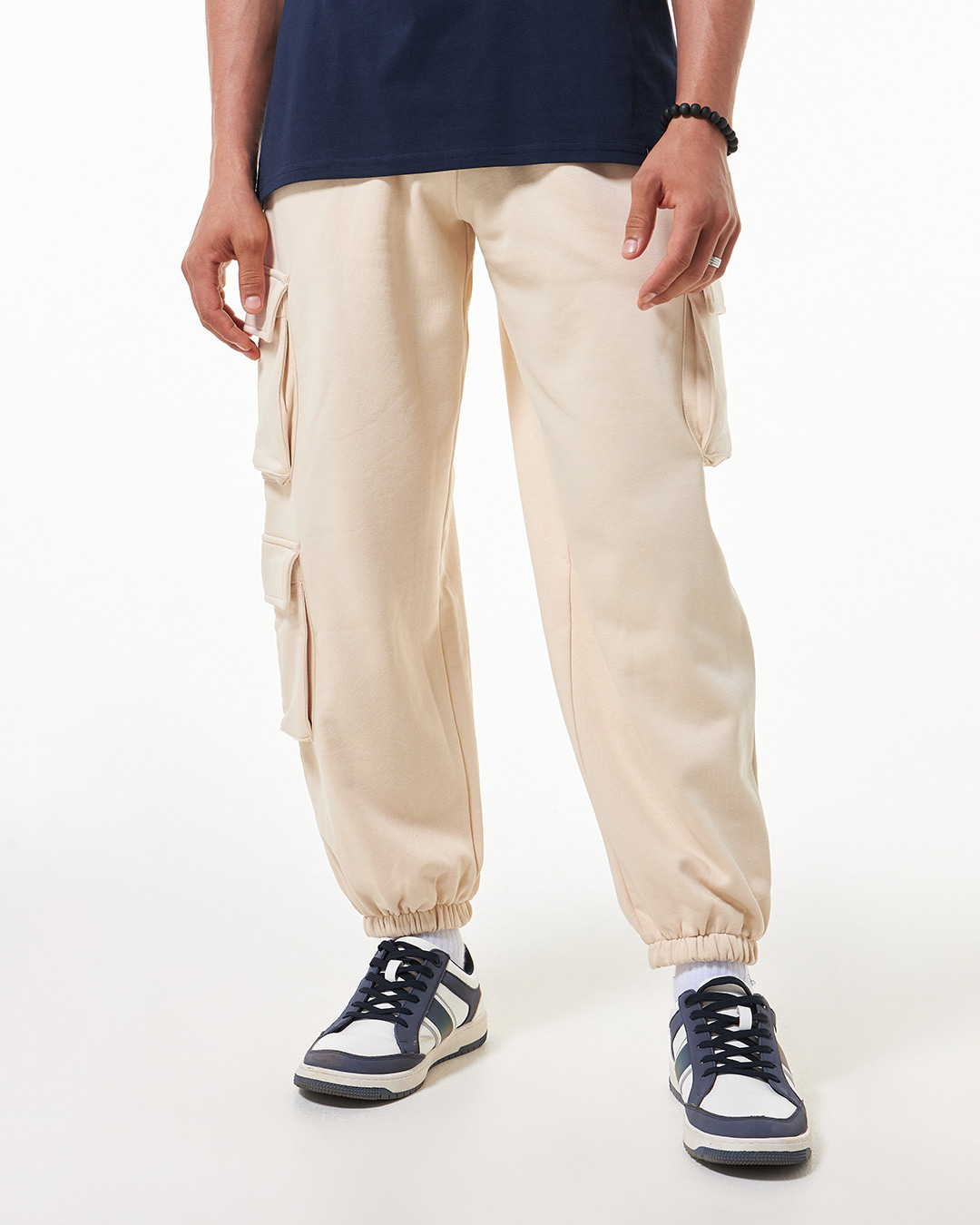 Shop Men's Beige Super Loose Fit Cargo Joggers-Back