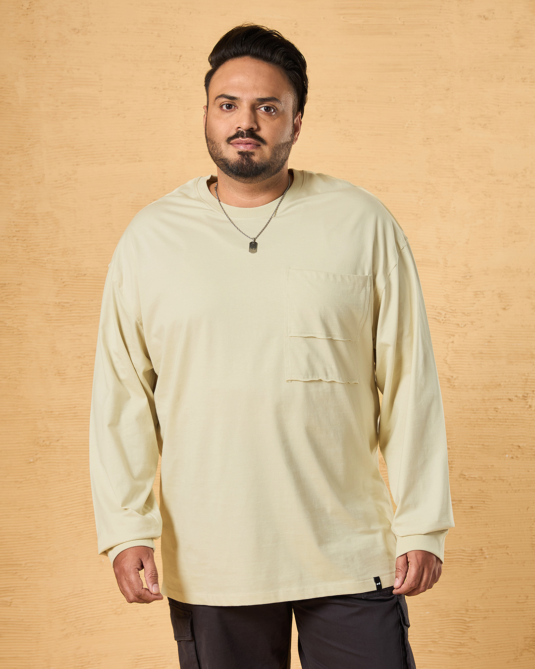 Shop Men's Beige Super Loose Plus Size Fit Plus Size T-shirt-Back