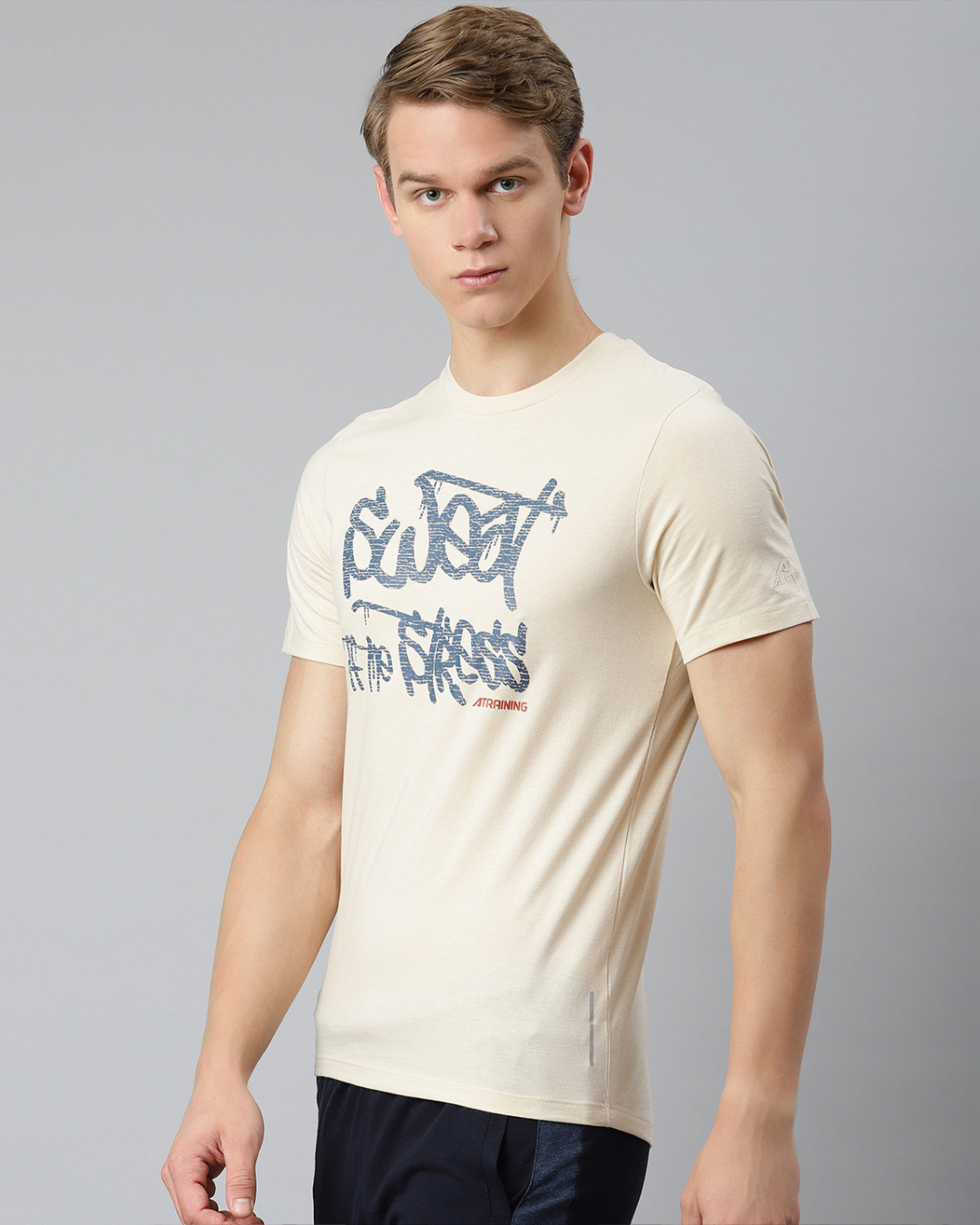 Shop Men's Beige Sweat The Stress Typography Slim Fit T-shirt-Back
