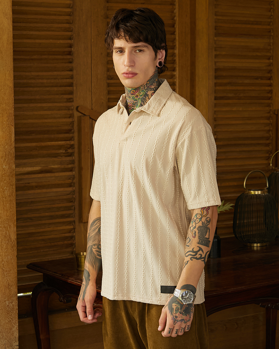 Shop Men's Beige Textured Oversized Polo T-shirt-Back
