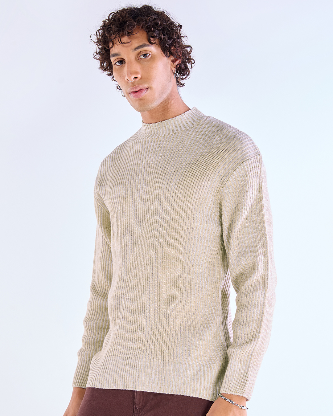 Shop Men's Beige Textured Oversized Sweater-Back