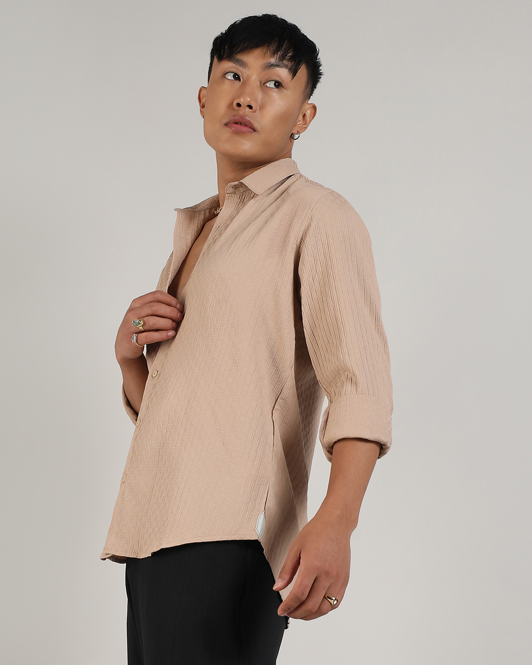 Shop Men's Beige Textured Relaxed Fit Shirt-Back