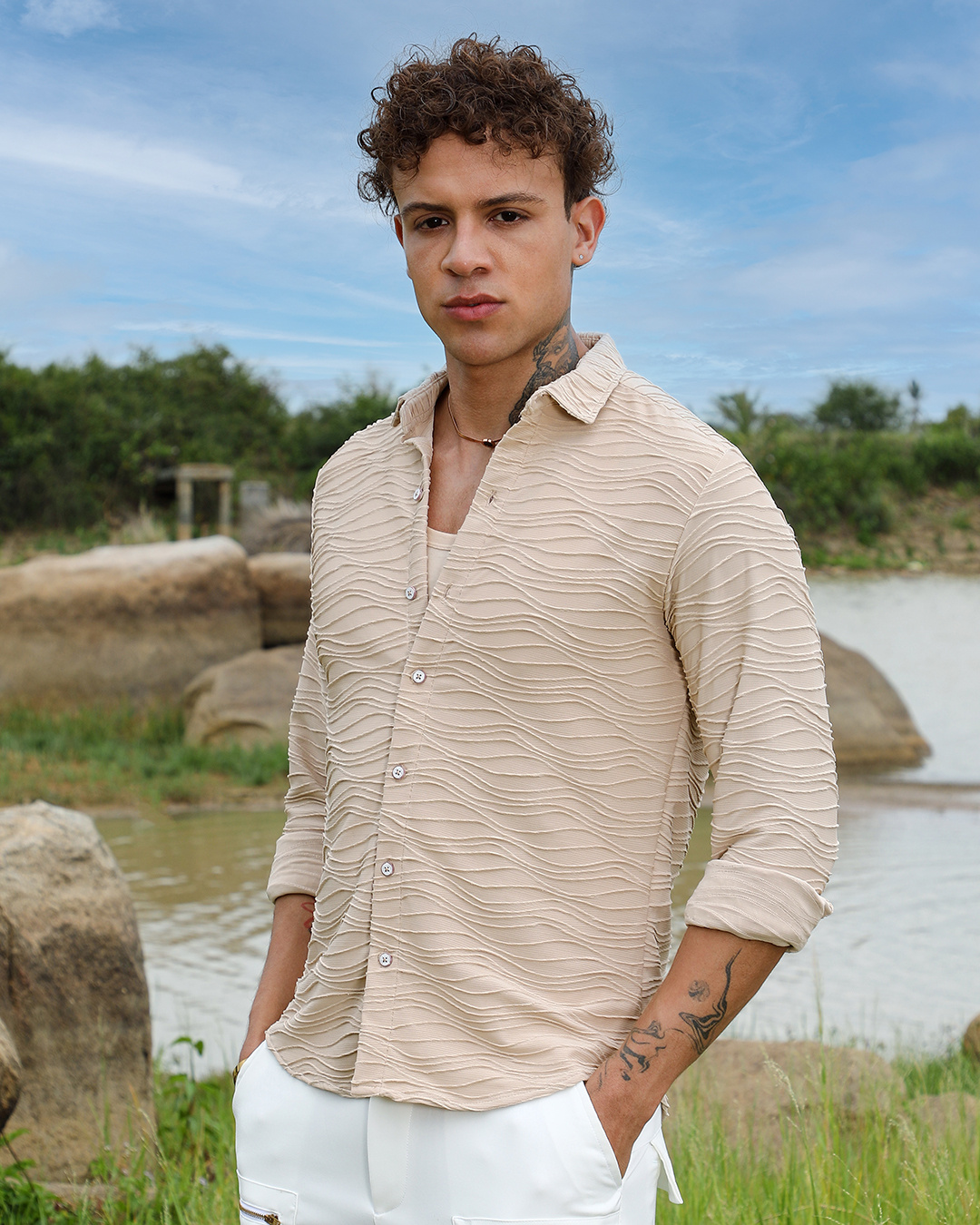 Shop Men's Beige Textured Shirt-Back