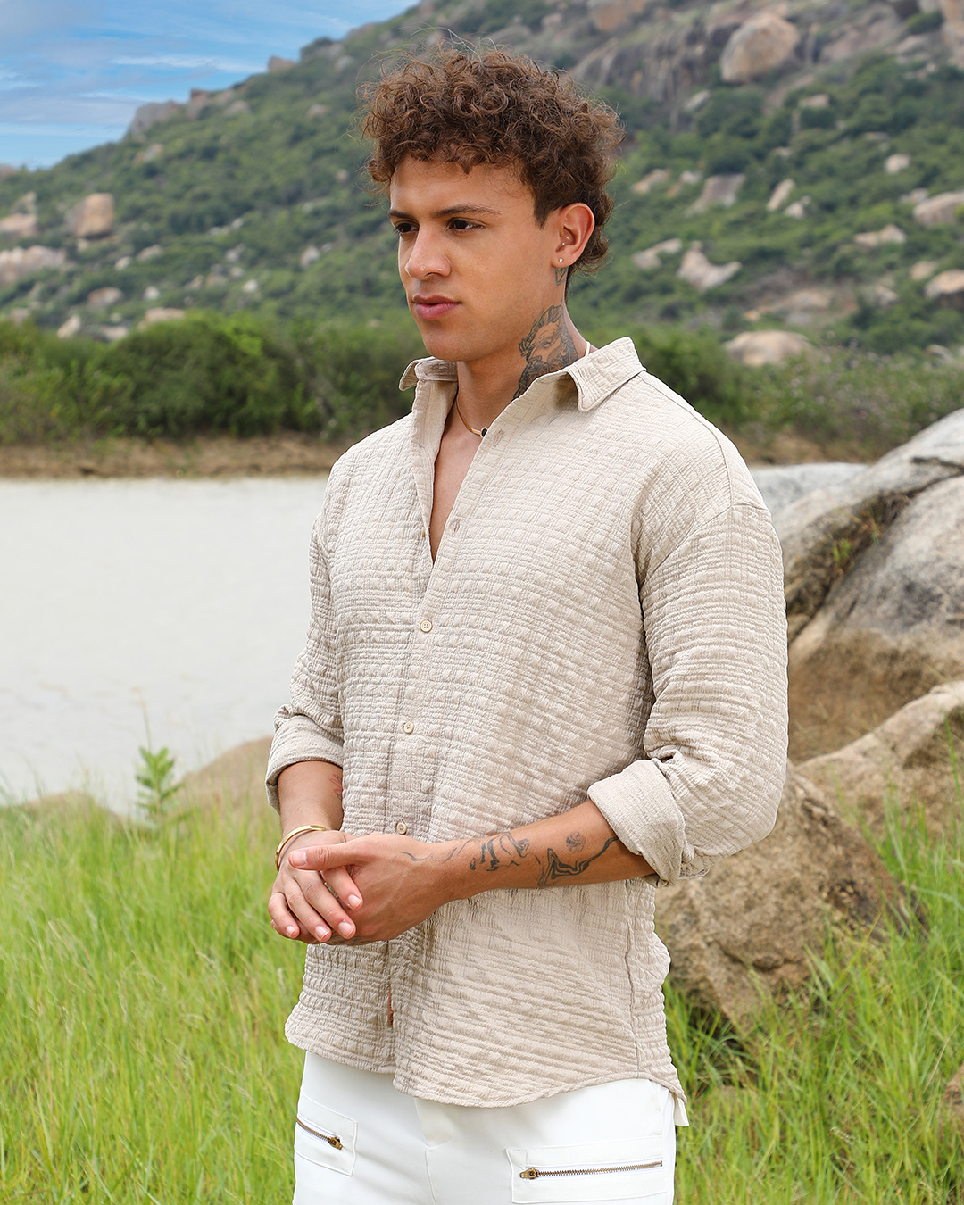 Shop Men's Beige Textured Shirt-Back