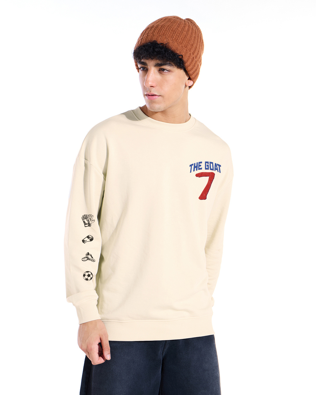 Shop Men's Beige The Goat 07 Graphic Printed Oversized Sweatshirt-Back
