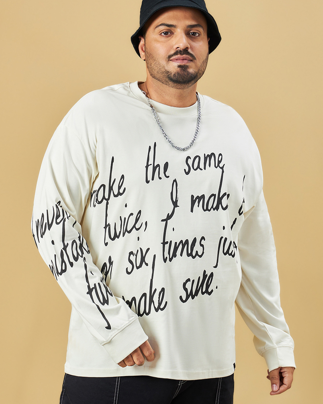 Buy Men's Beige Typography Oversized Plus Size T-shirt Online at Bewakoof