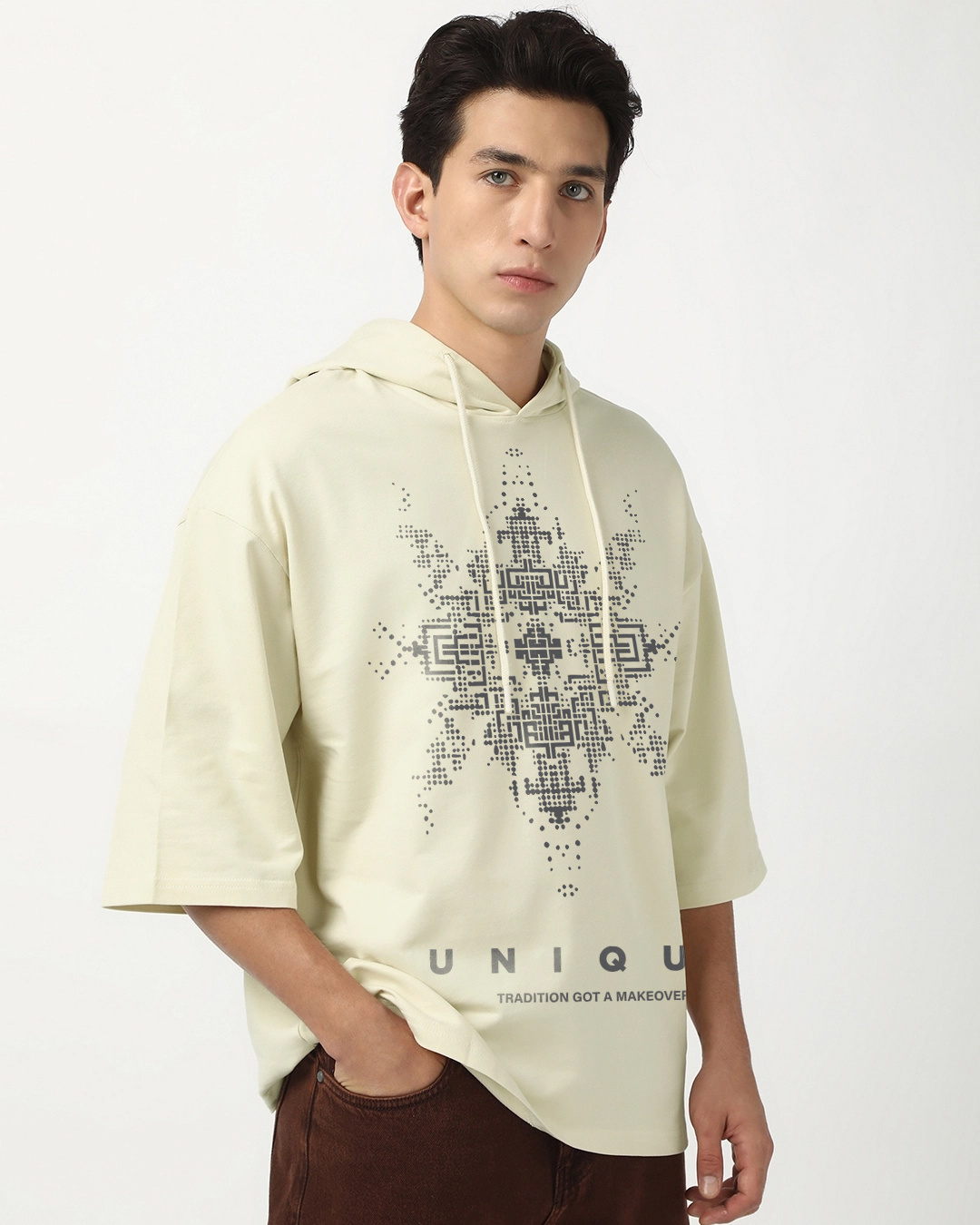 Shop Men's Beige Unique Graphic Printed Oversized Hoodie T-shirt-Back
