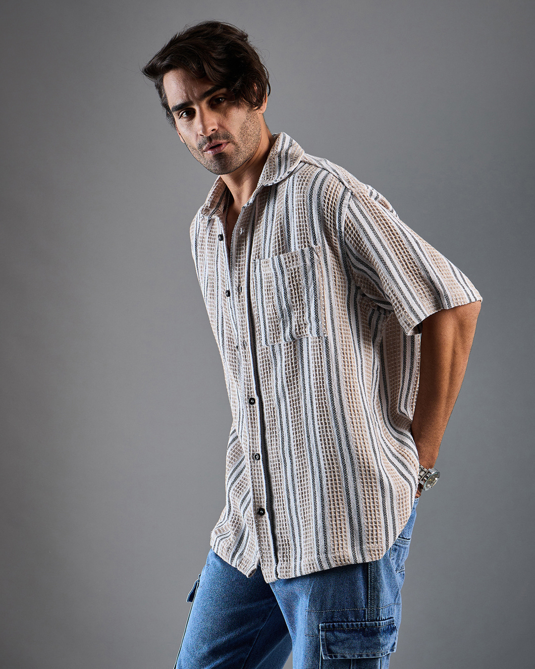 Shop Men's Beige & White Striped Oversized Shirt-Back