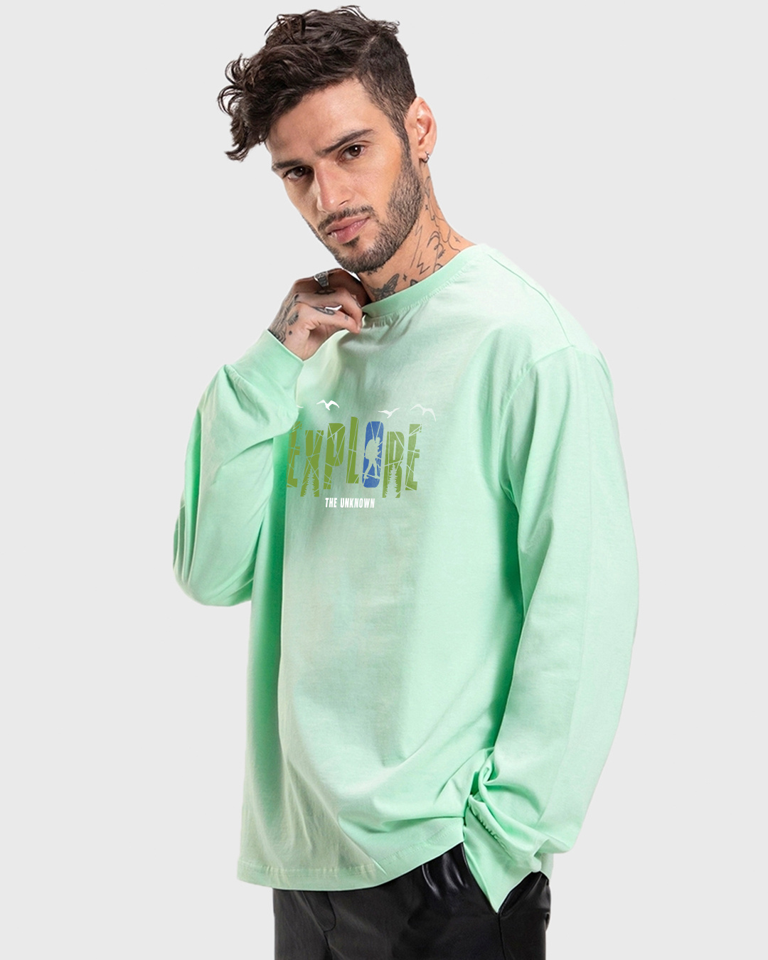 Shop Men's Bird Egg Green Explore The Unknown Typography Oversized T-shirt-Back