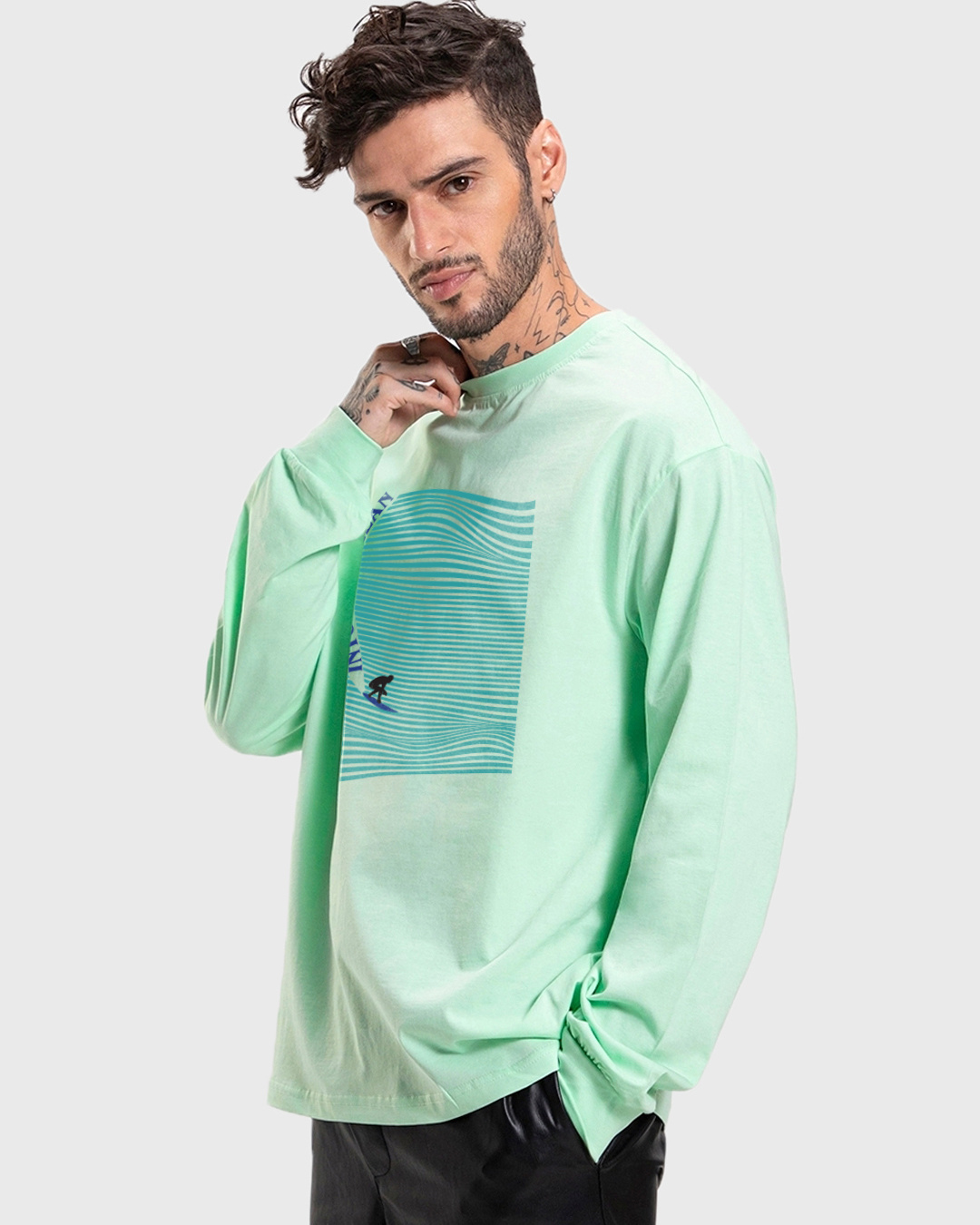 Shop Men's Bird Egg Green Into The Ocean Graphic Printed Oversized T-shirt-Back