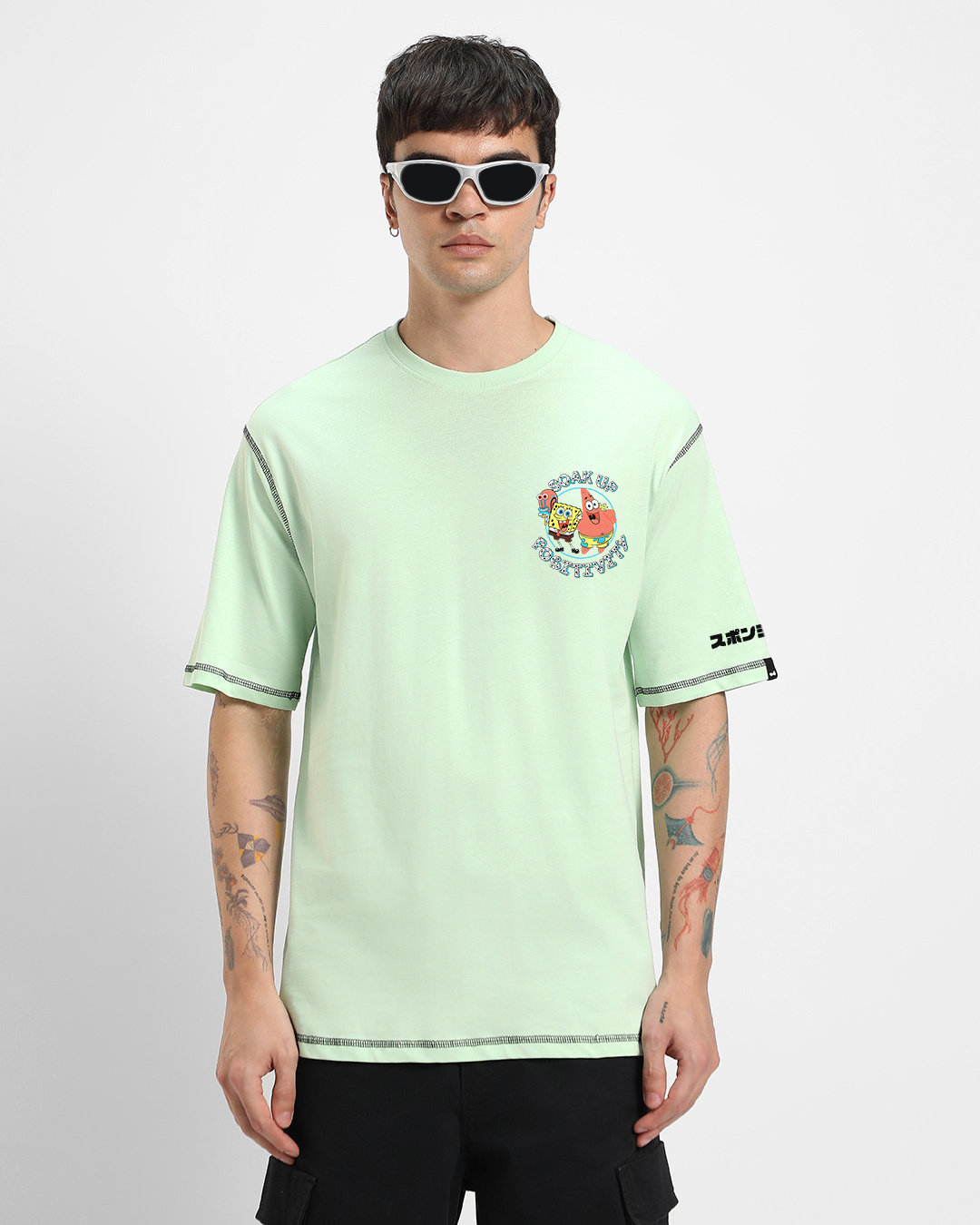 Shop Men's Bird Egg Green Spong Bob Graphic Printed Oversized T-shirt-Back