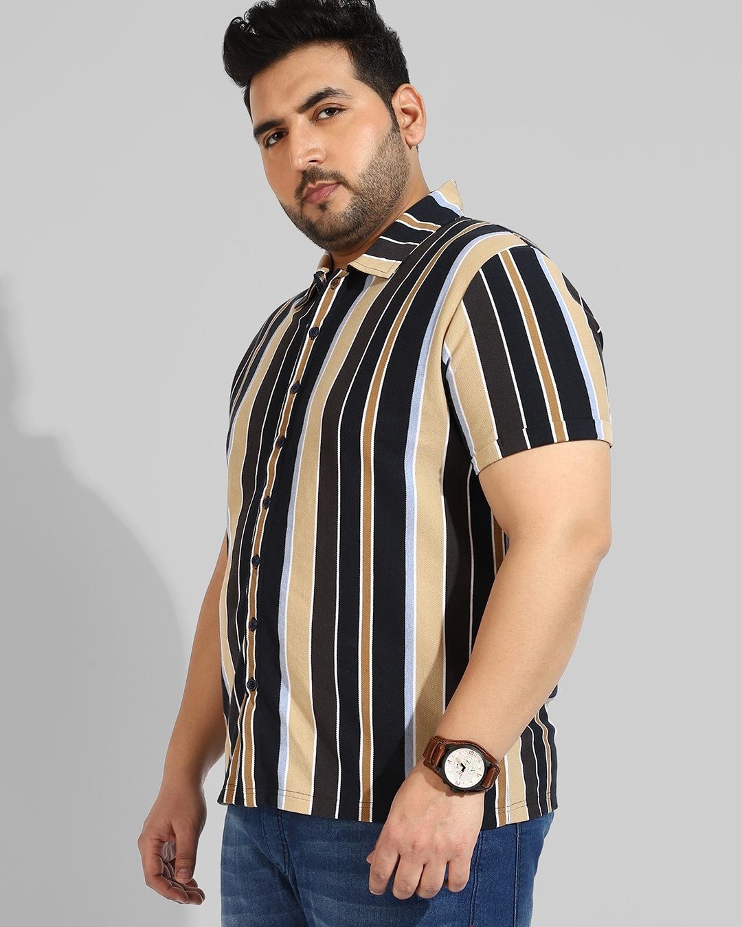 Buy Men's Black & Beige Striped Plus Size Shirt Online at Bewakoof