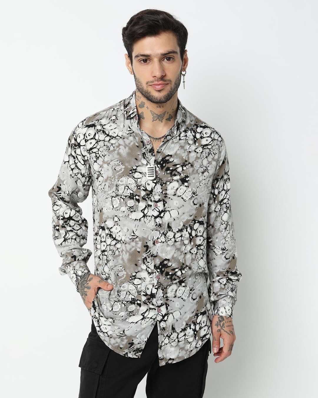 Men's Black Comfort Slim Fit Abstract Printed Cotton Casual Shirt