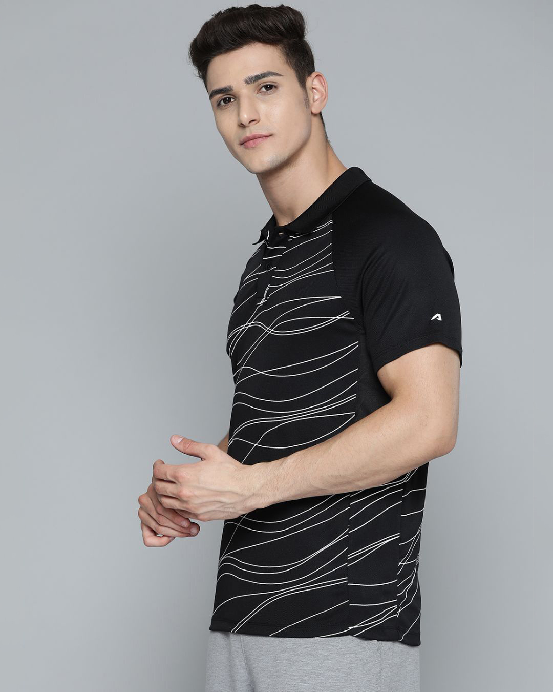 Shop Men's Black Abstract Printed Slim Fit Polo T-shirt-Back
