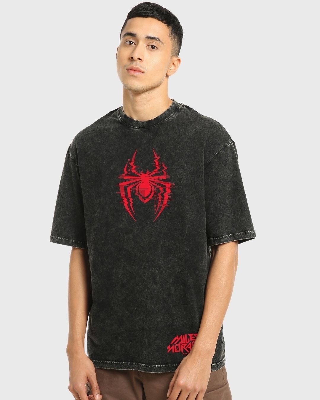 Shop Men's Black Across The Spiderverse Graphic Printed Oversized Acid Wash T-shirt-Back
