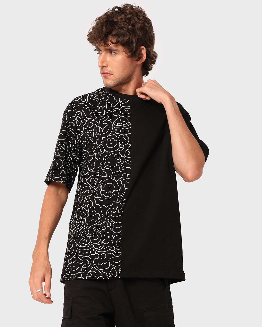 Shop Men's Black All Over Printed Oversized T-shirt-Back