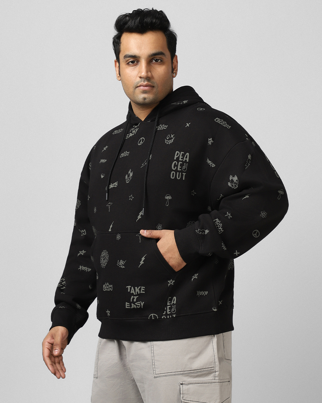 Shop Men's Black All Over Printed Plus Size Hoodies-Back