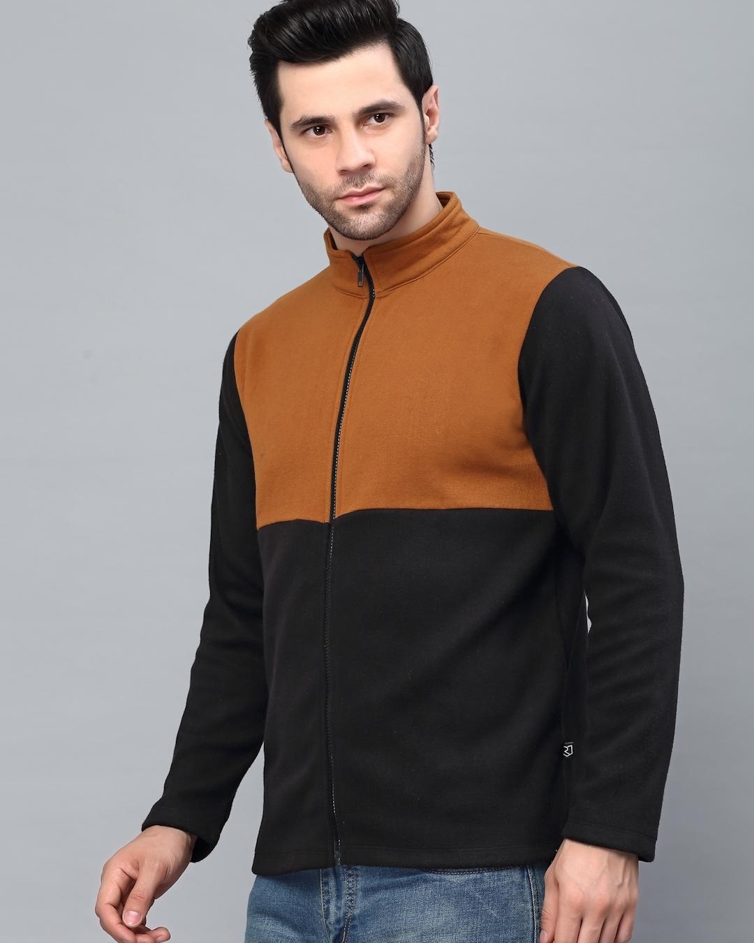 Shop Men's Black and Brown Color Block Slim Fit Jacket-Back