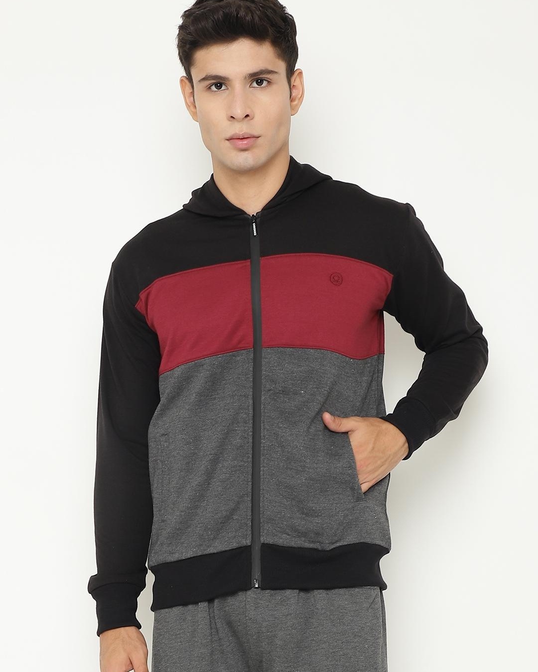 Buy Men's Black & Grey Color Block Hooded Jacket for Men Black Online