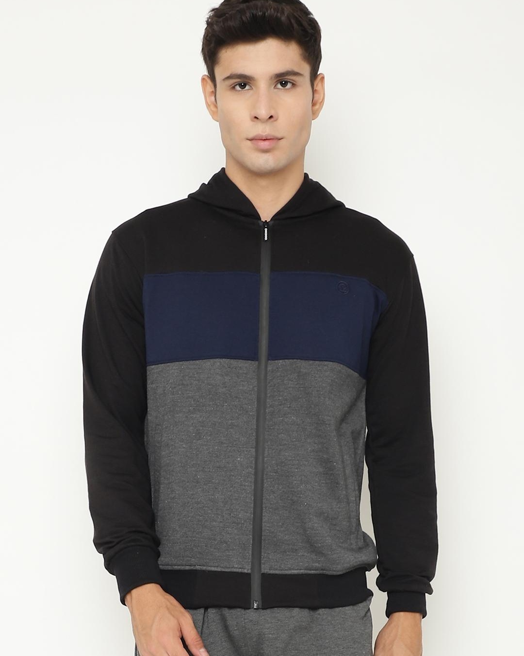 Buy Men's Black and Grey Color Block Hooded Jacket for Men Black Online