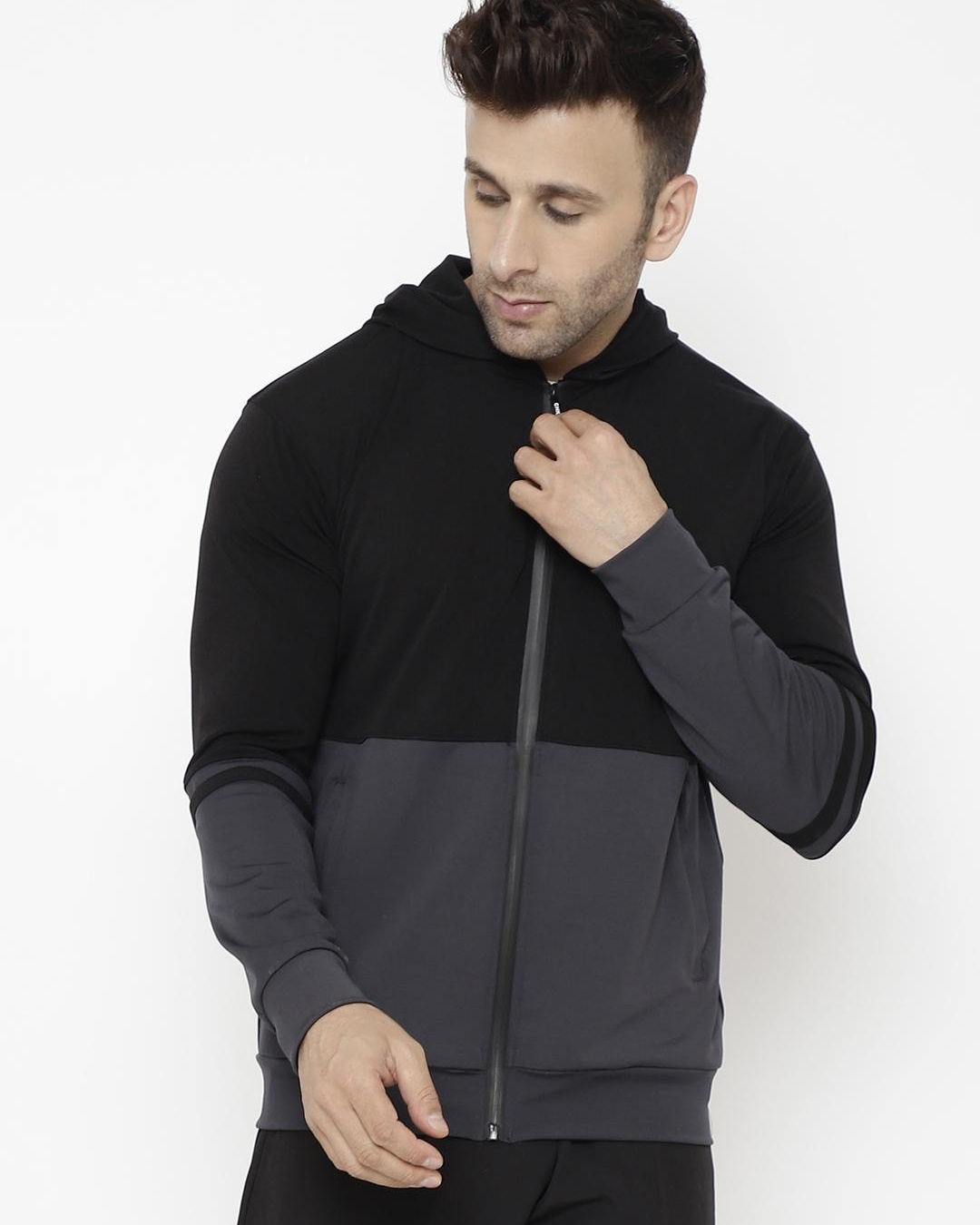 Buy Men's Black & Grey Color Block Hooded Jacket for Men Black Online ...
