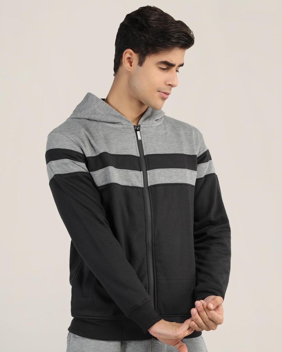 Buy Men's Black & Grey Color Block Hooded Jacket Online at Bewakoof