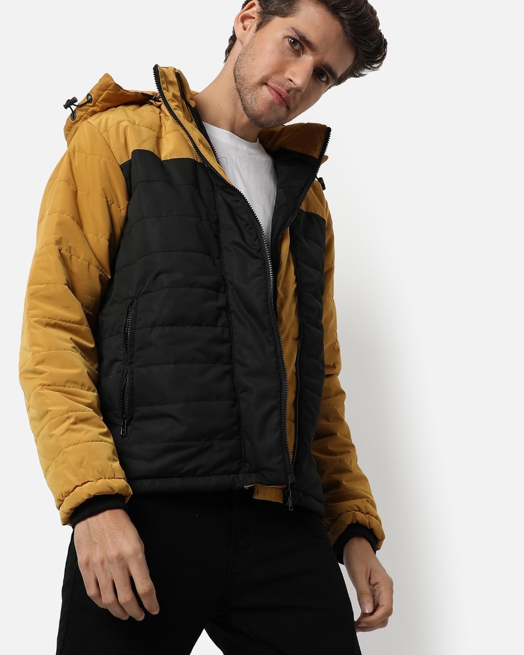 Shop Men's Black and Yellow Color Block Hooded Jacket-Back