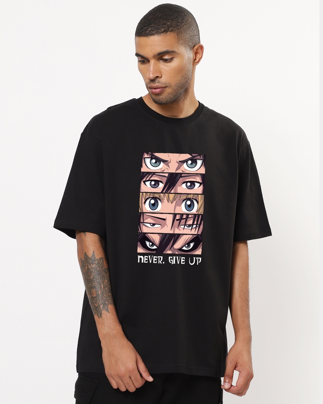 Shop Men's Black Anime AOT Eyes Oversized T-shirt-Back