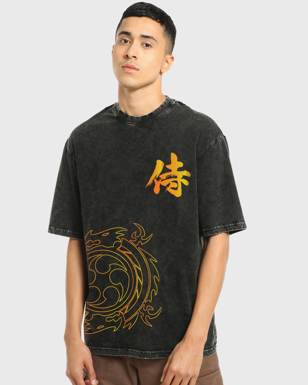 Shop Men's Black Ashura Graphic Printed Oversized Acid Wash T-shirt-Back