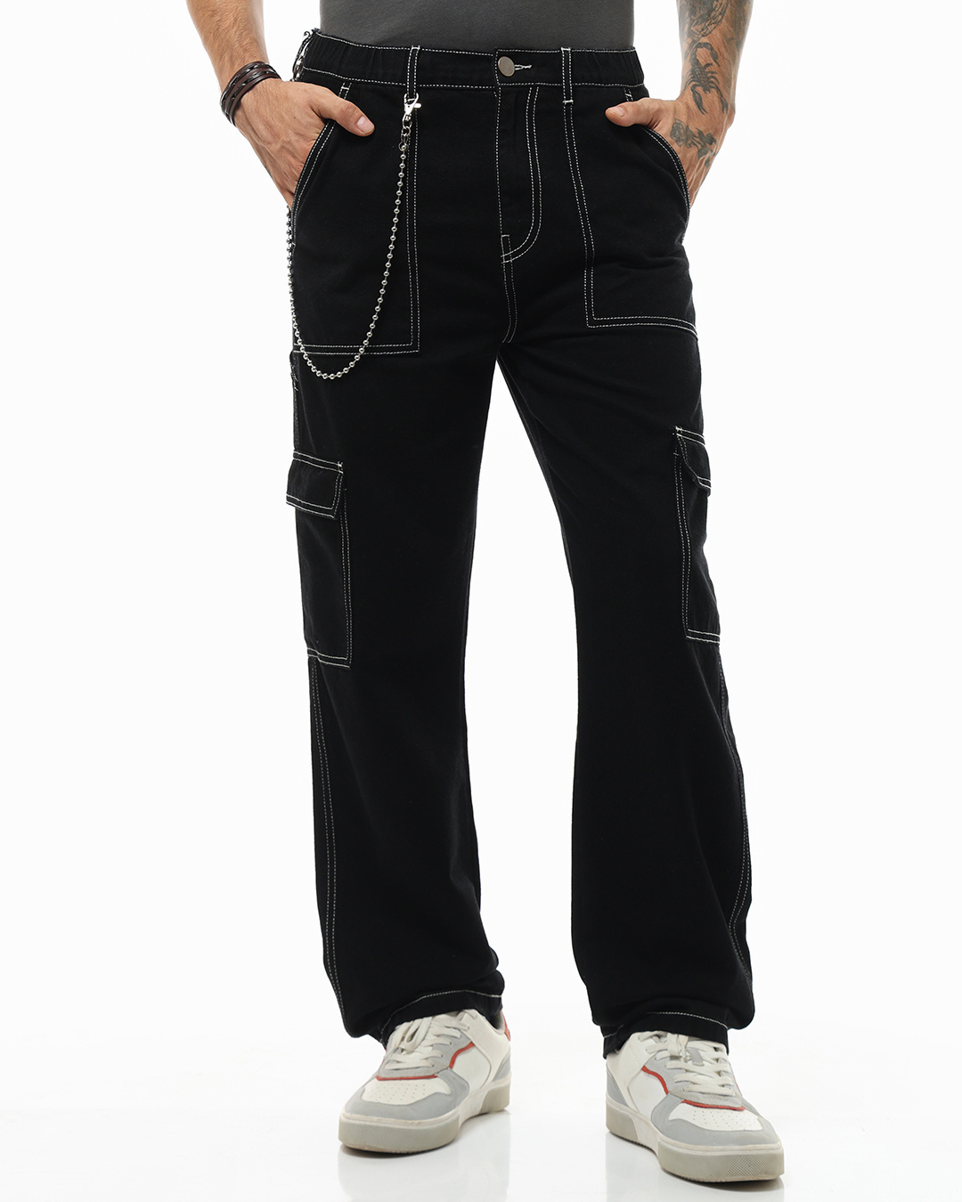 Shop Men's Black Baggy Cargo Jeans-Back