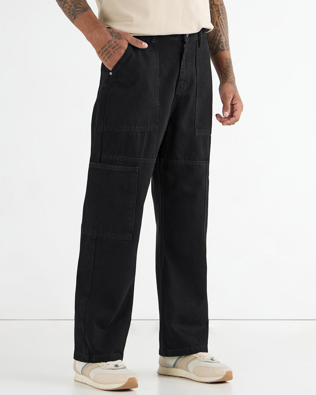 Shop Men's Black Baggy Fit Carpenter Mid-Rise Jeans-Back