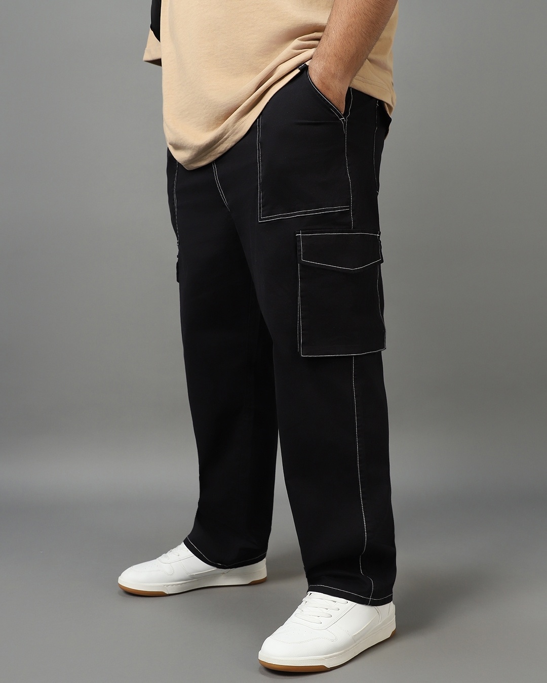 Shop Men's Black Baggy Oversized Plus Size Cargo Pants-Back