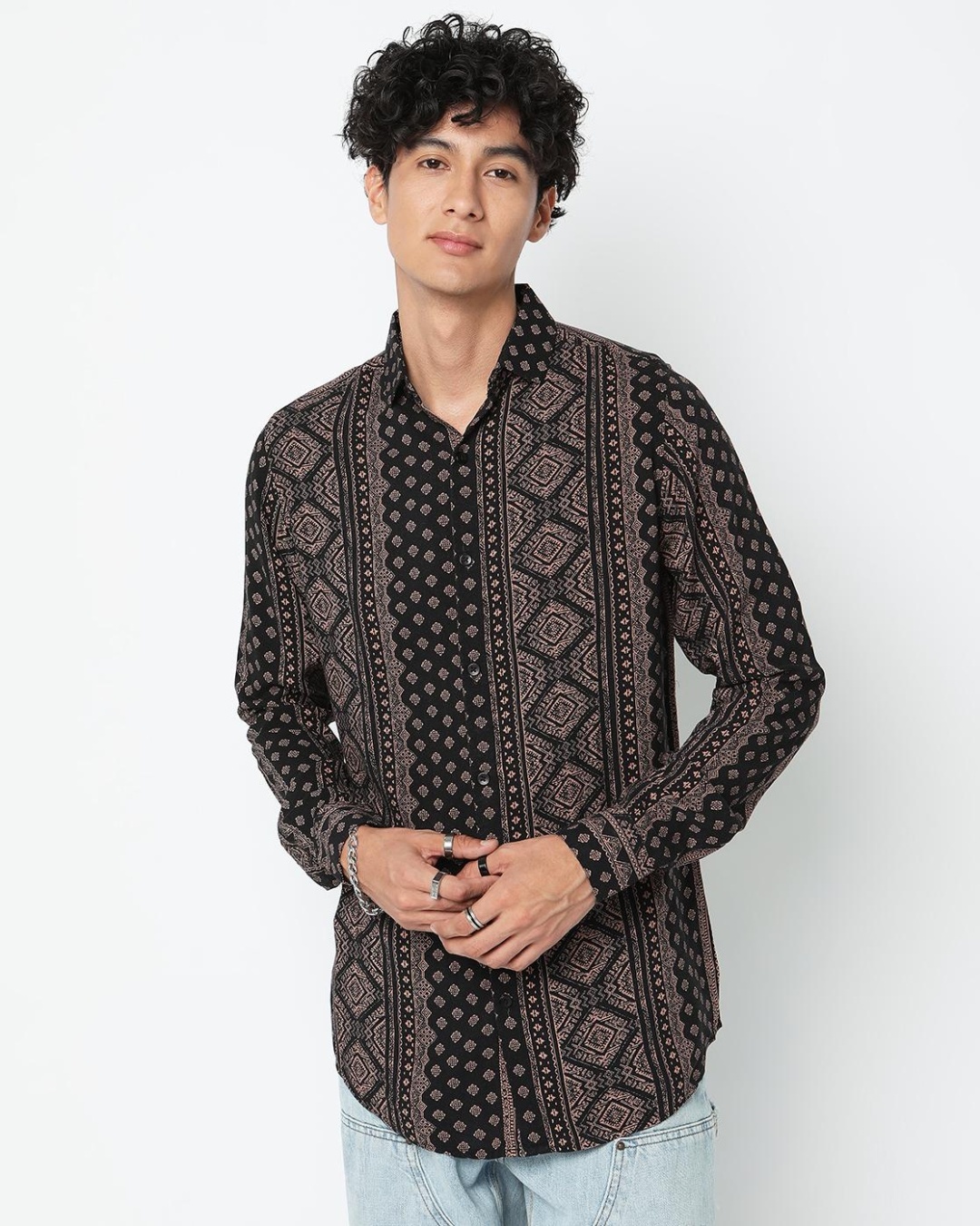 Buy Men s Black Balanced Aztec Ethnic Motif Printed Shirt Online at